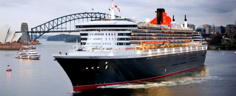 Морской пейзаж с лайнером  Queen Mary 2 на воде